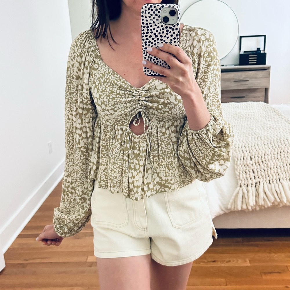By Together Green and Cream Blouse with Front Tie